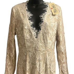 Southern Fried Chic Wedding Style Boho Lace Long Sleeve Dress in Cream Sz XS NWT